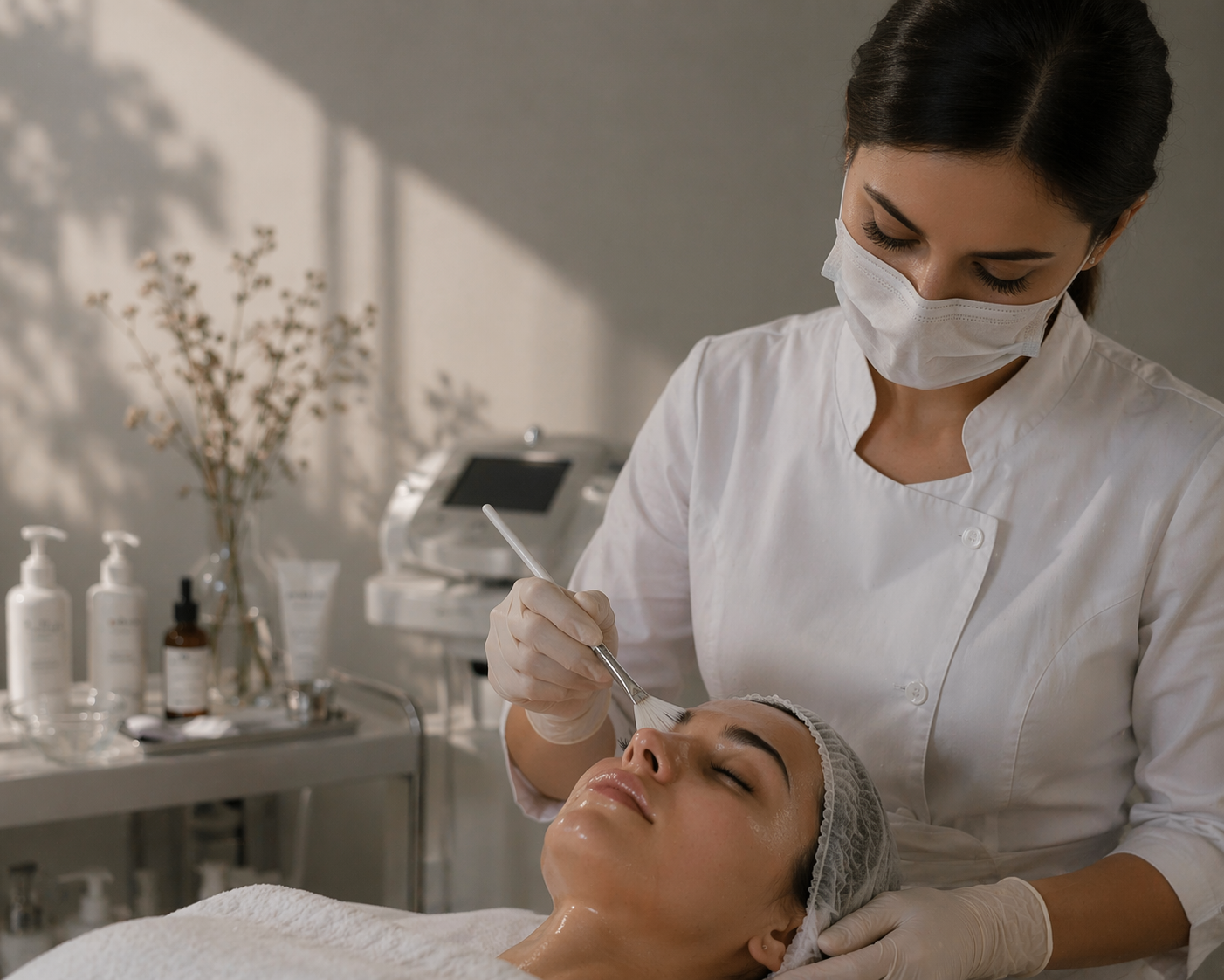 Profissional de estética em ambiente premium de atendimento